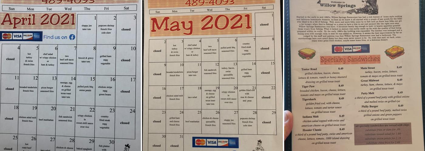 Willow Springs Restaurant Menu