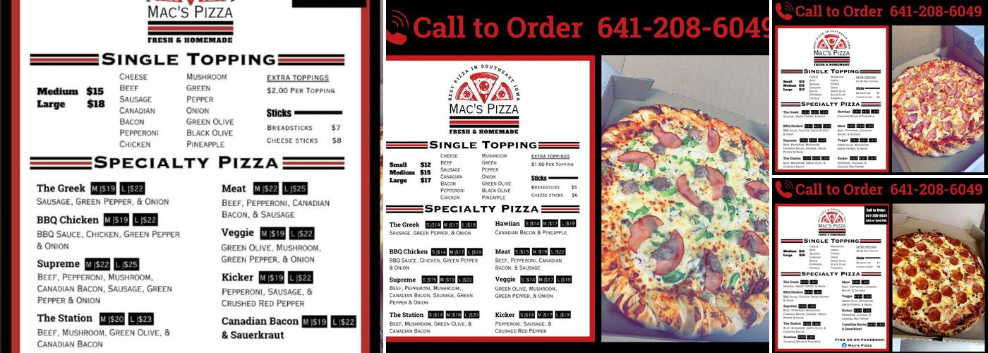 Mac's Pizza Menu