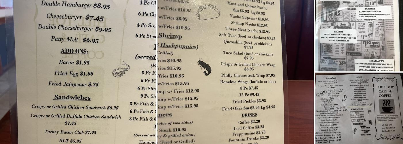Hilltop Cafe and Coffee Menu