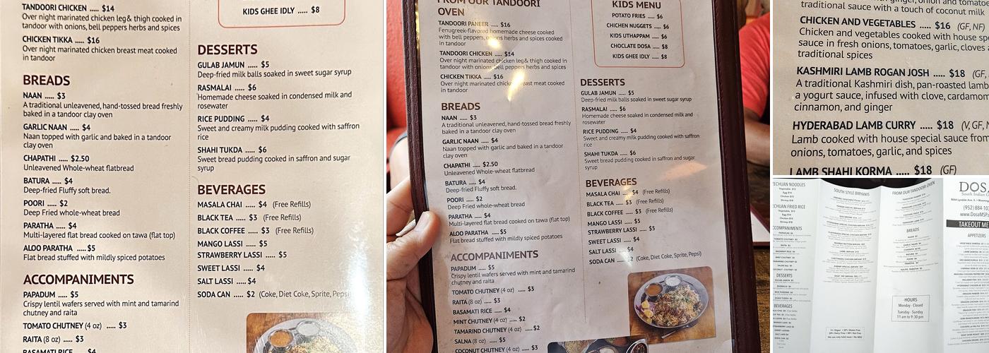 Dosa South Indian Grill Menu
