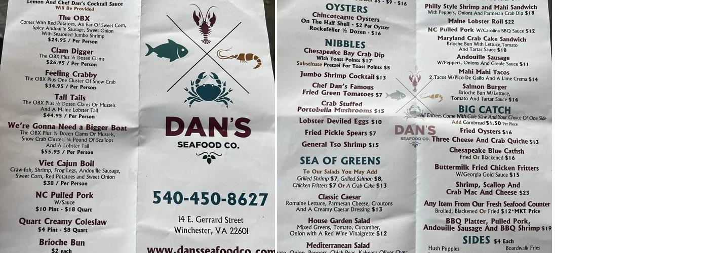 Dan's Seafood Menu