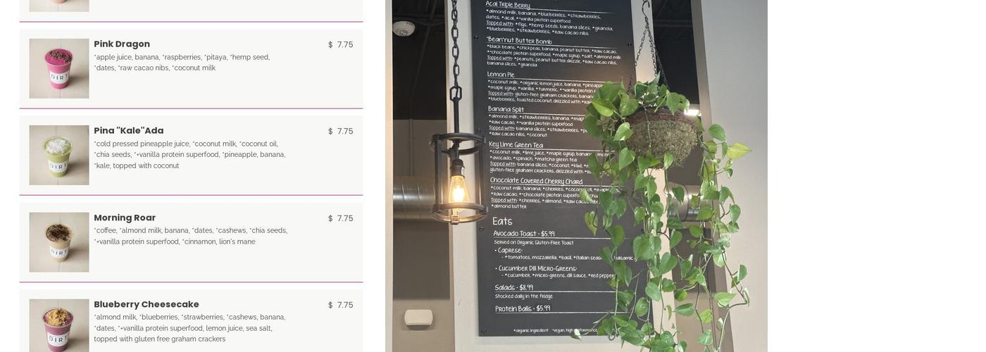 Dirt the Clean Juicery Menu