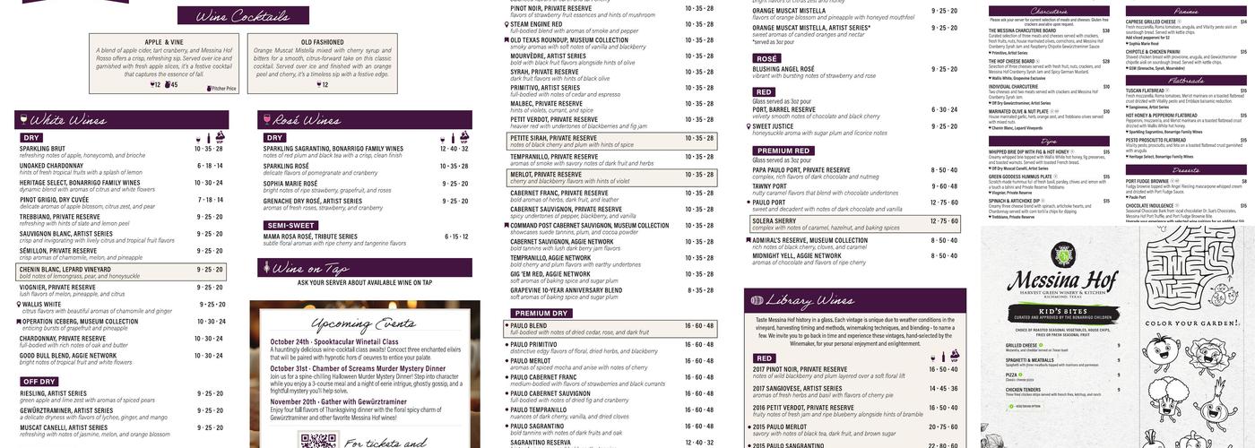 Messina Hof Grapevine Winery Menu
