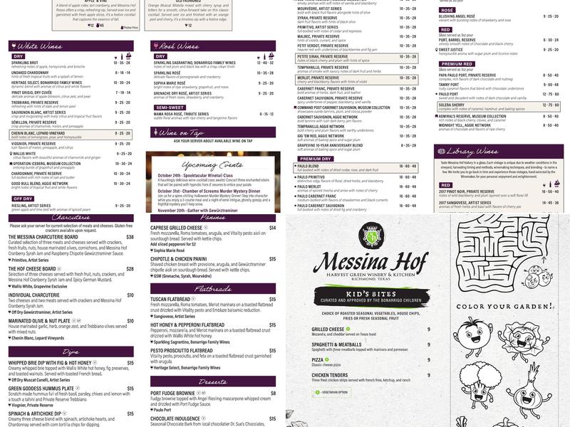 Messina Hof Grapevine Winery Menu
