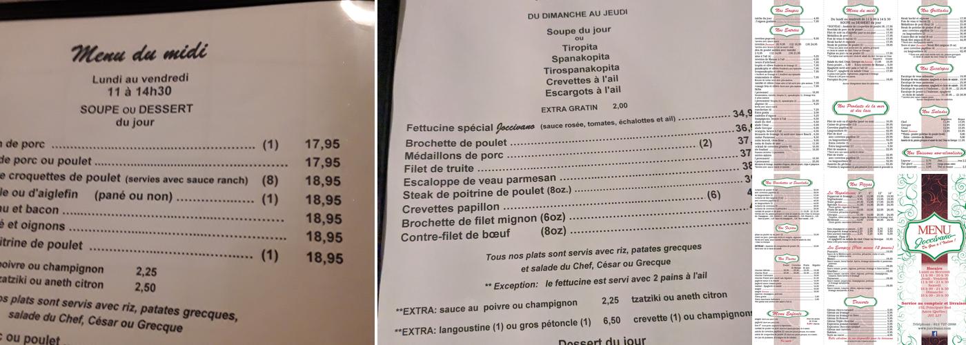 Joccivano Menu
