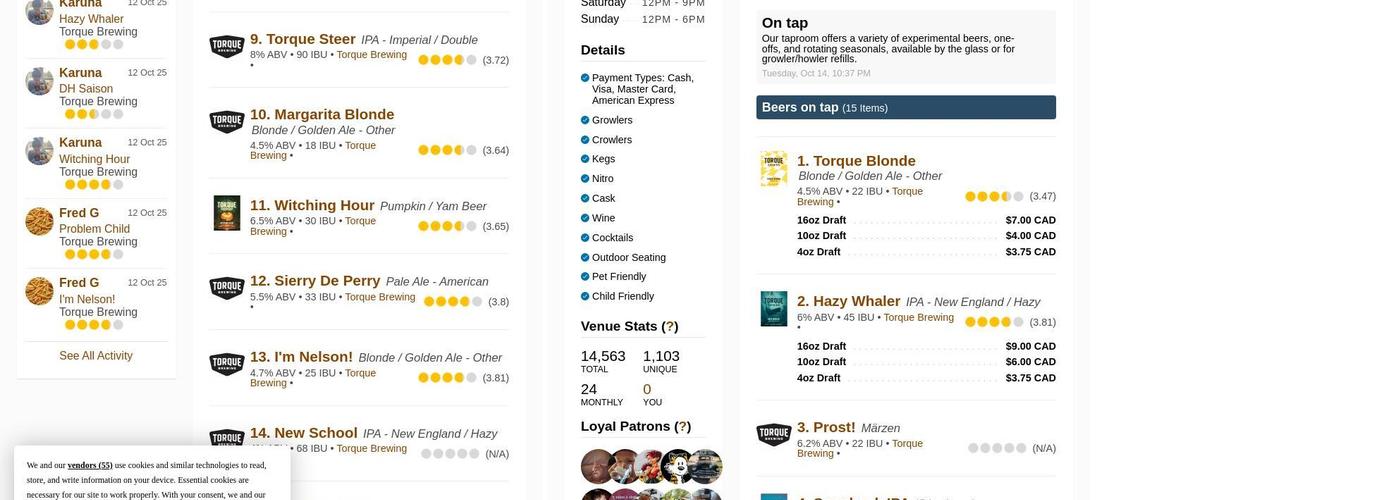 Torque Brewing Menu