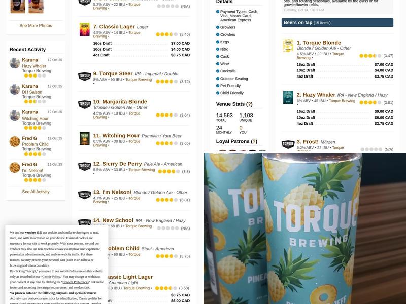 Torque Brewing Menu
