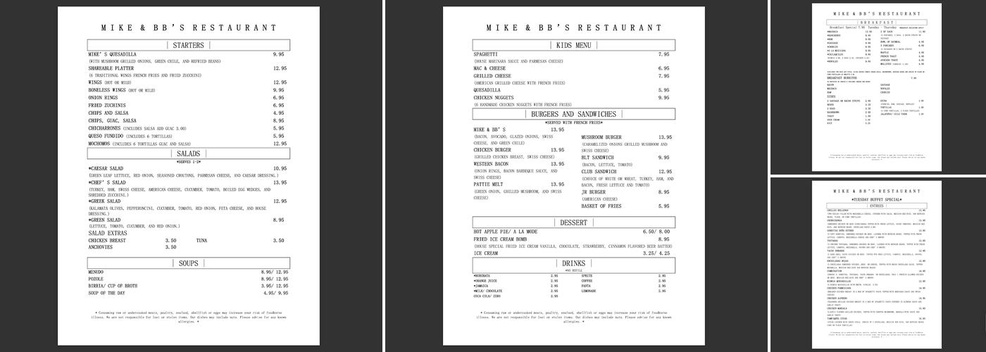Mike and BB's Menu