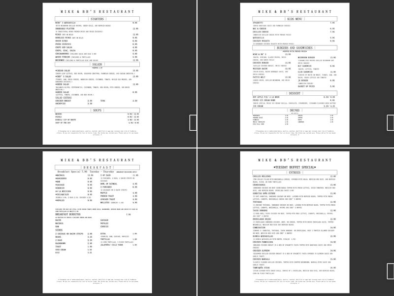 Mike and BB's Menu