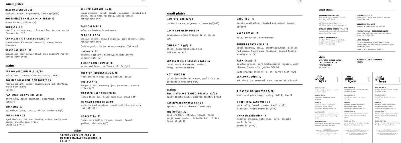 No Goodbyes Menu