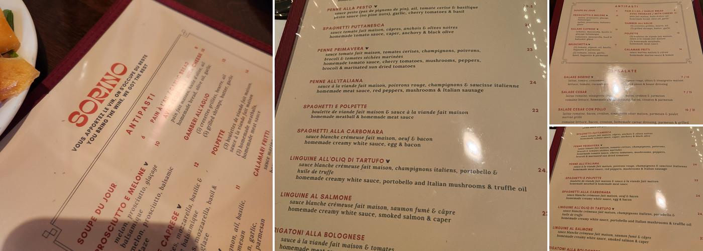 Sorino (Apportez votre vin - BYOW) Menu