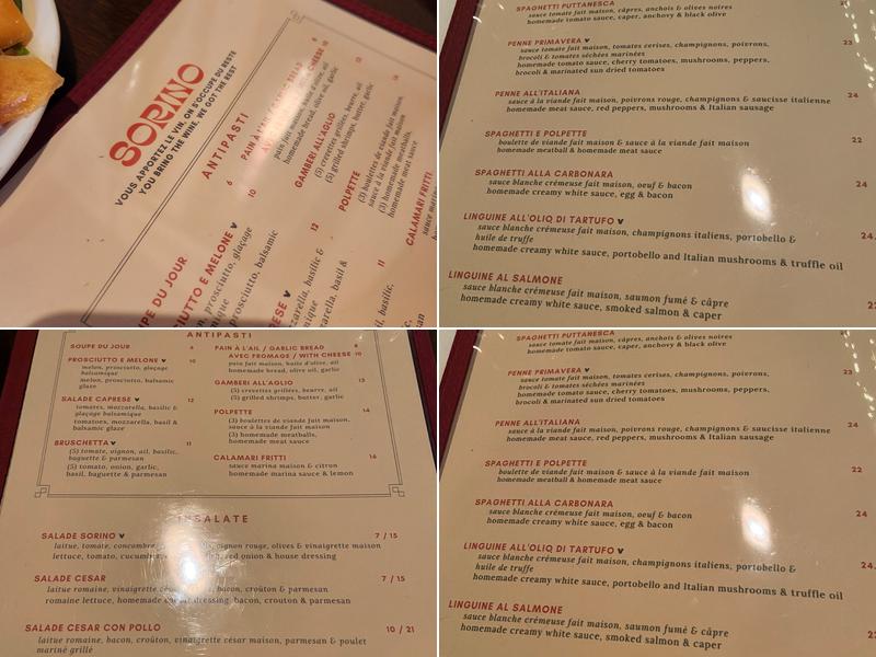 Sorino (Apportez votre vin - BYOW) Menu