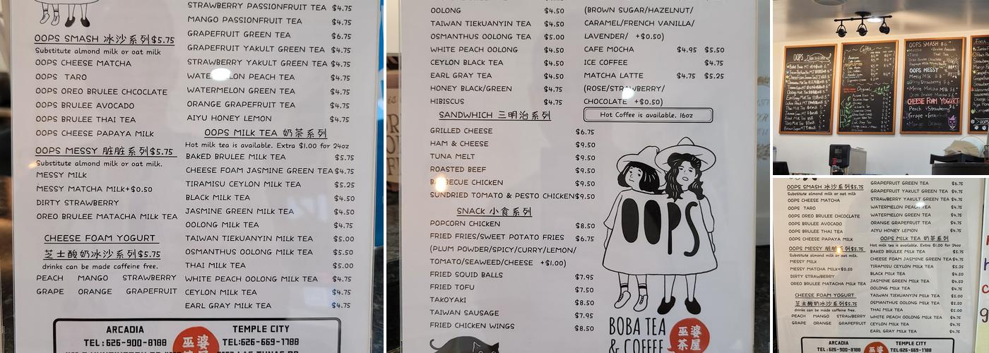 Oops Boba Tea & Coffee Menu