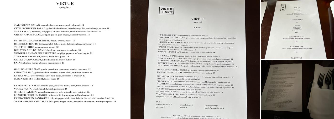Virtue + Vice Menu