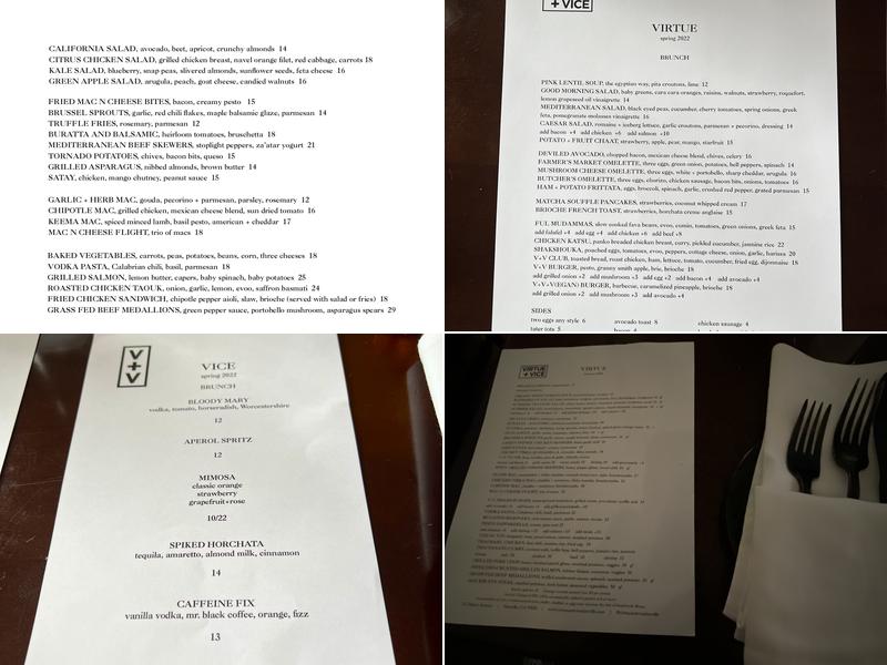 Virtue + Vice Menu