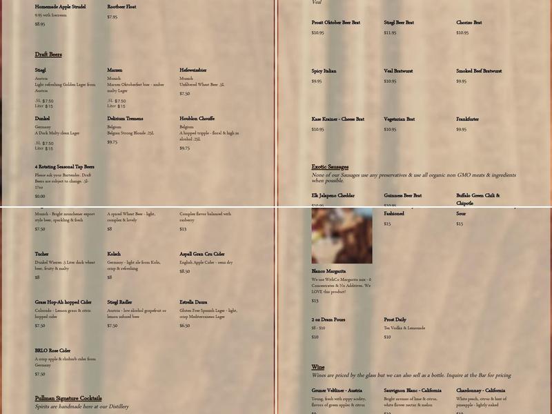 Pullman Distillery Menu
