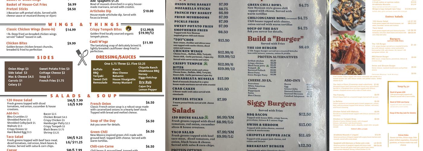 The 120 Bar and Grill Menu