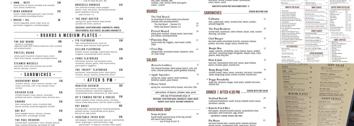 Oak & Front Wine Bar and Tasting Room Menu