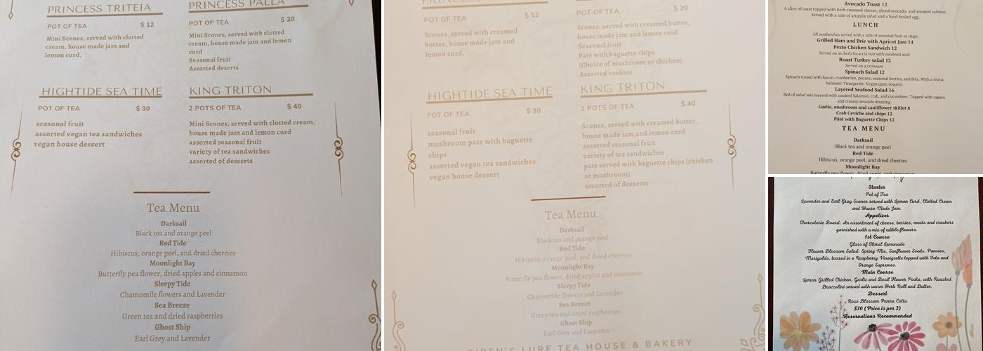 Siren's Lure Tea House and Bakery Menu