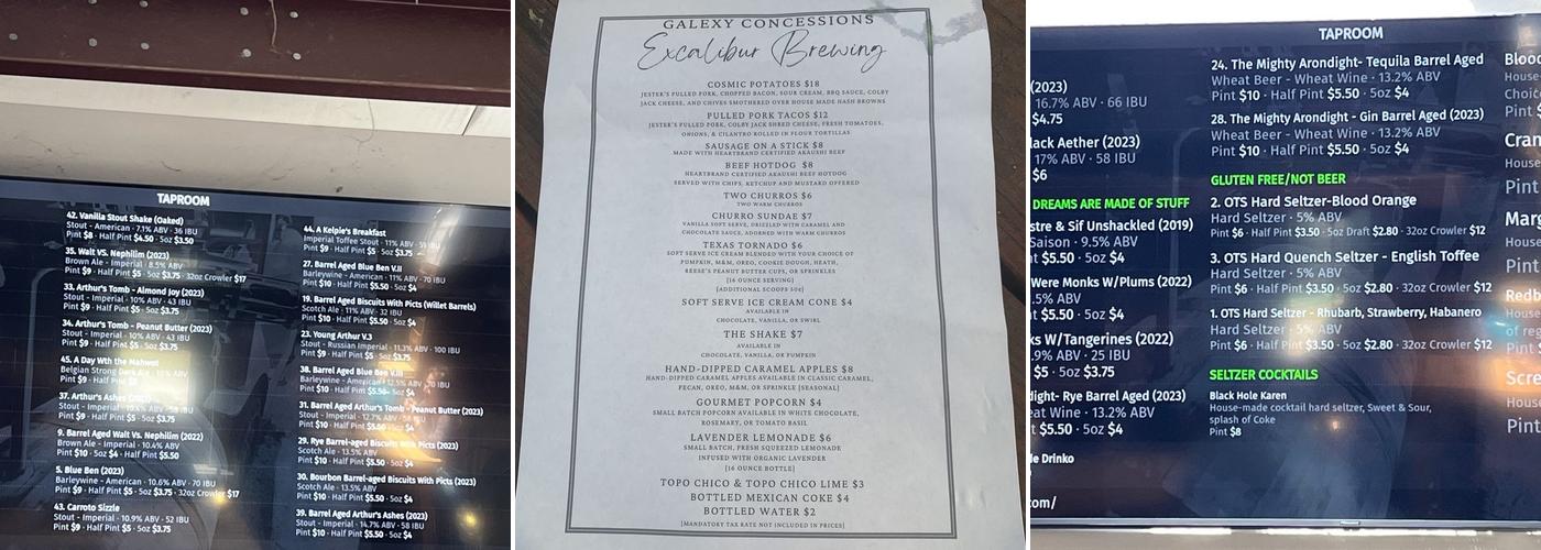 Excalibur Brewing Menu