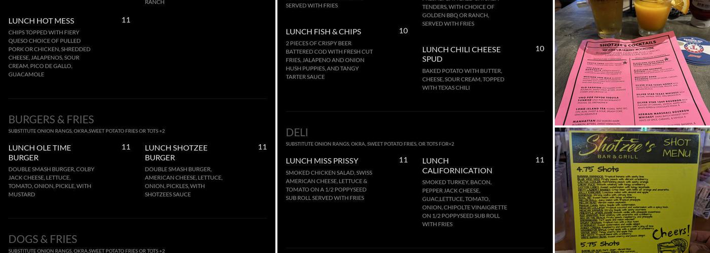 Shotzee's Bar & Grill Menu