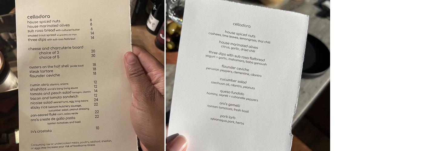 Celladora Wines Menu