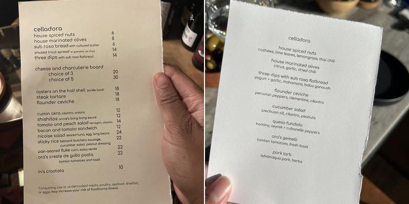 Celladora Wines Menu
