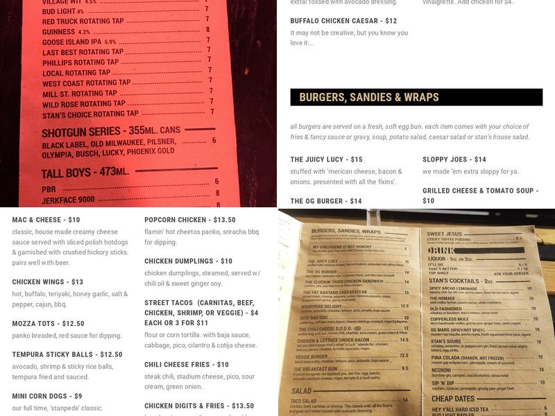 One Night Stan's Bar Room & Divery Menu