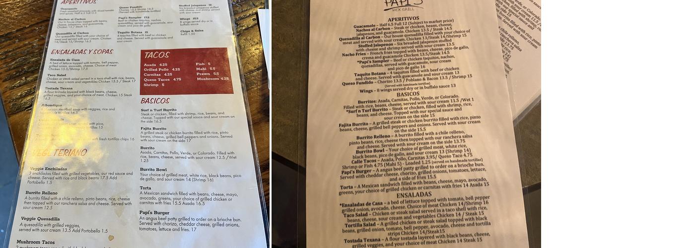Papi's Mex Grill Menu
