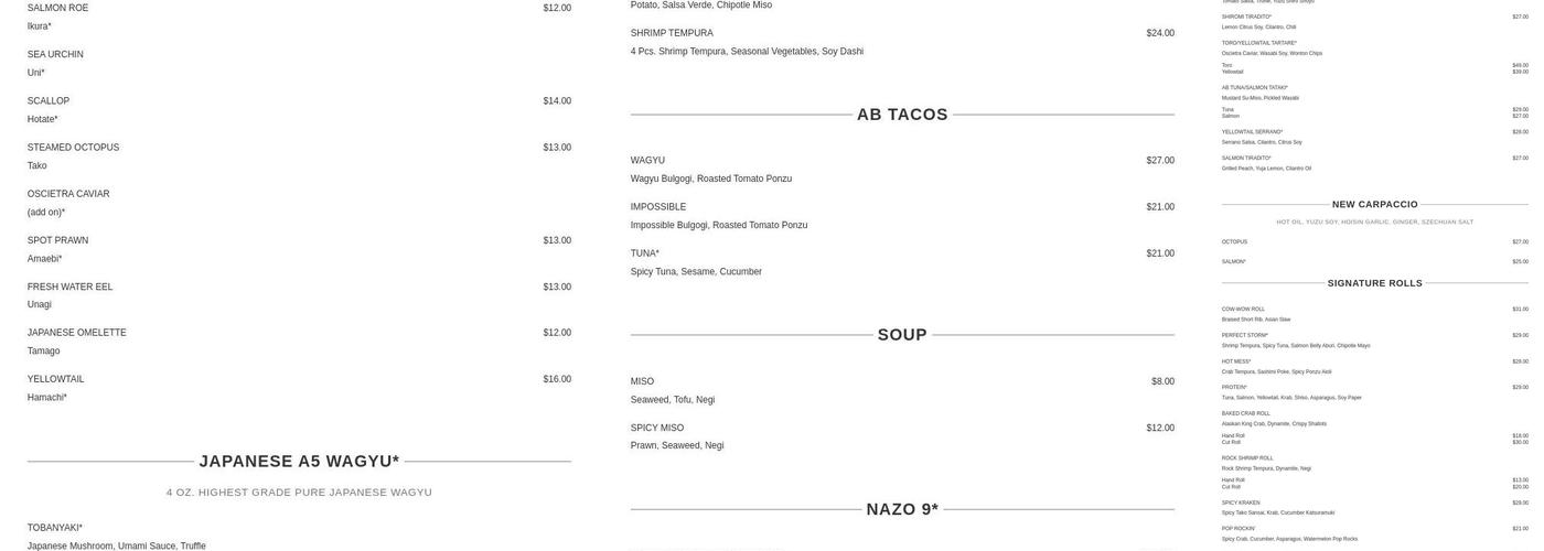 Akira Back Menu