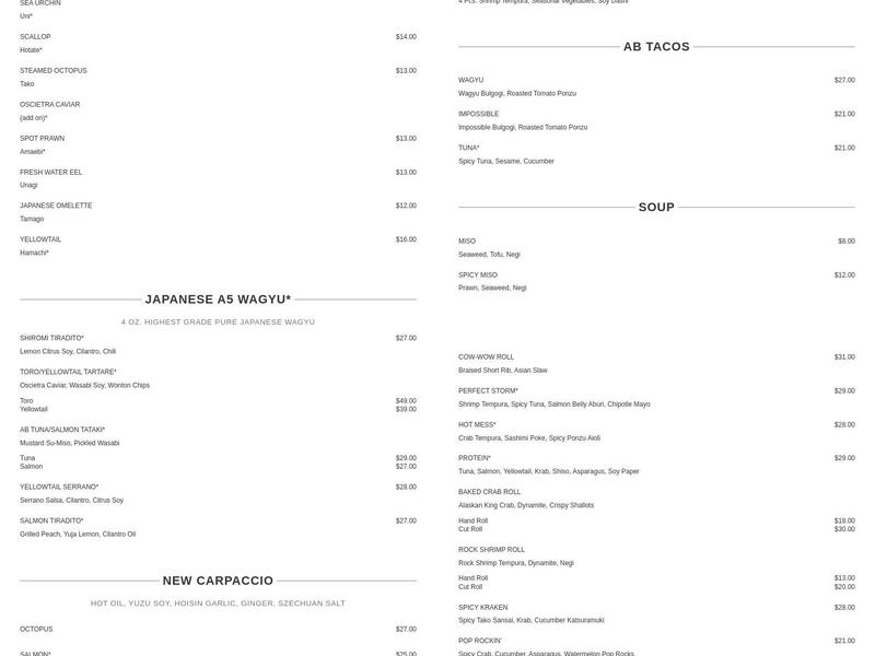 Akira Back Menu