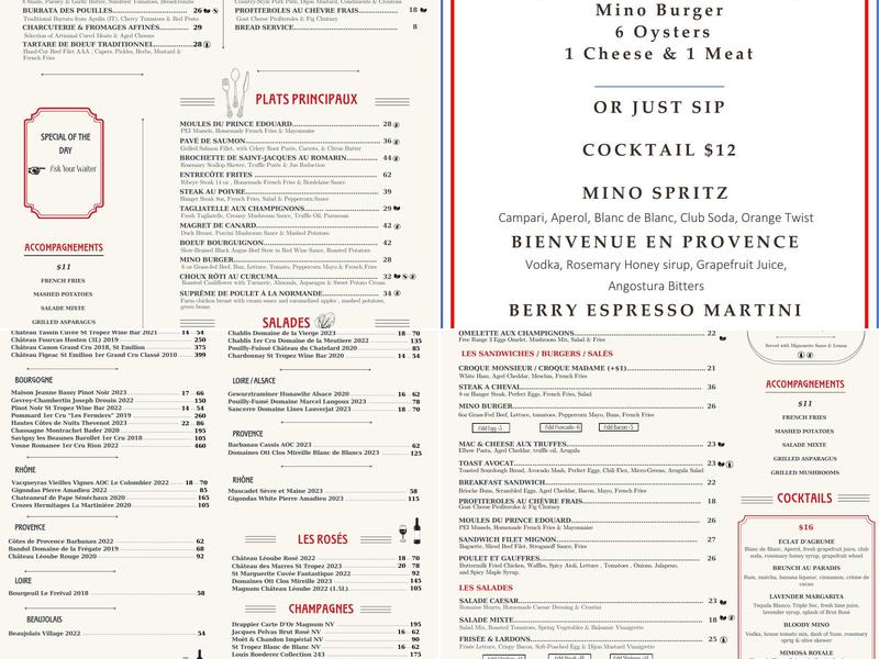 Mino Brasserie Menu