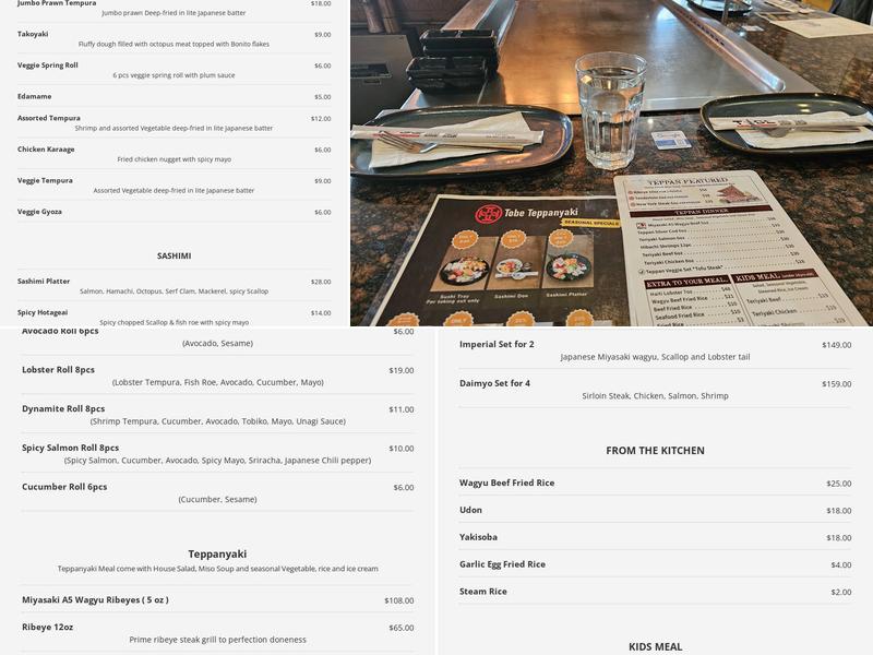 Tobe Teppanyaki Lounge Menu