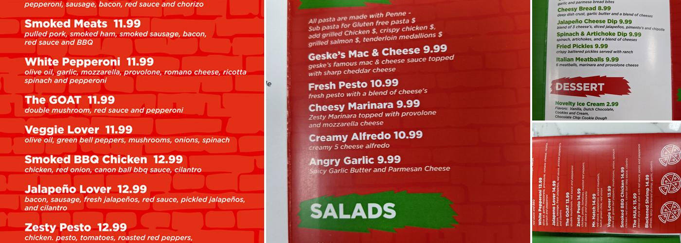 Nick's Pizza Menu