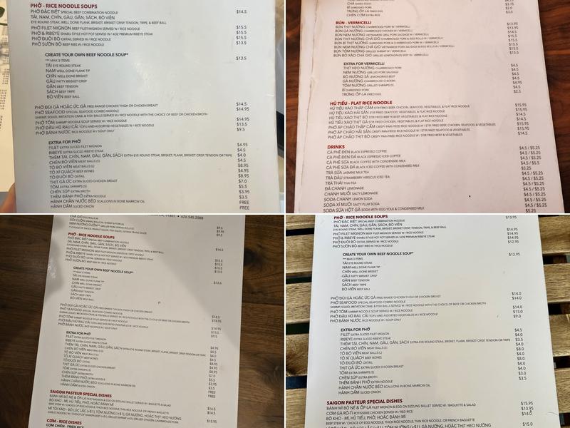 Pho Saigon Pasteur Menu