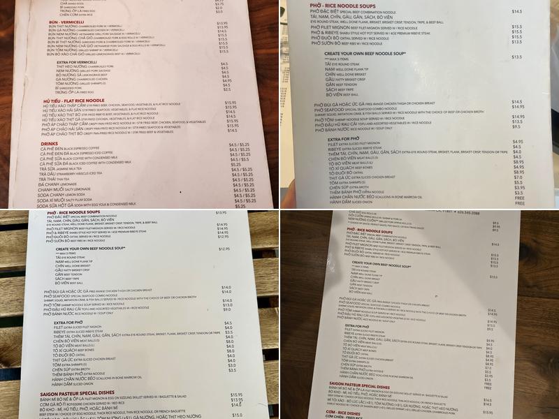 Pho Saigon Pasteur Menu