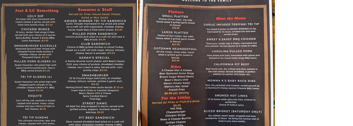 Beans BBQ LLC Menu