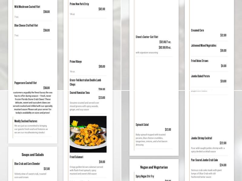 Steve Fields Steakhouse Menu