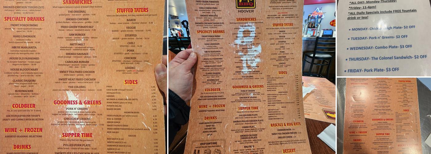 Saw’s BBQ Hoover Menu