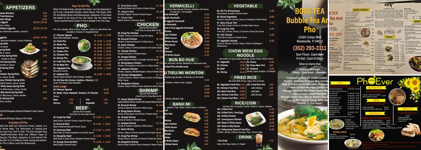 Boss Tea and pho Menu