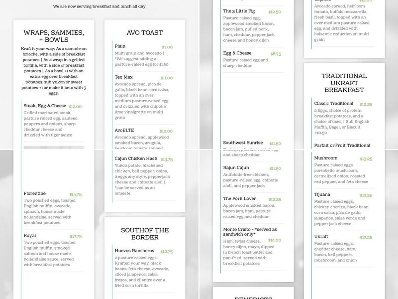 UKRAFT Brunch Cafe Menu