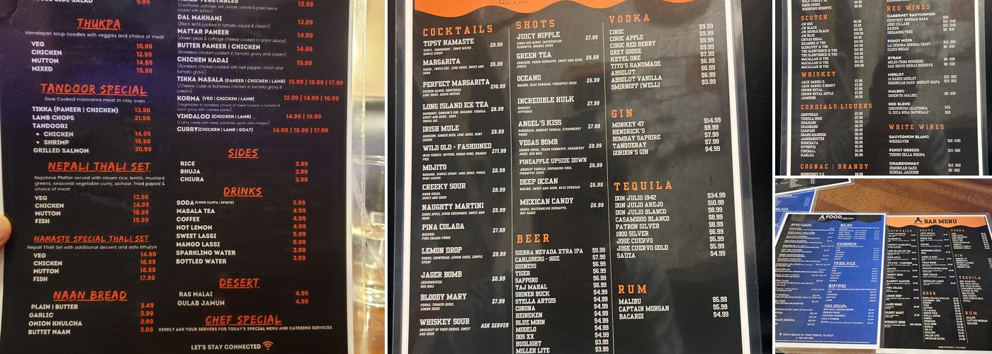 Namaste Grill & Bar Fort Worth Menu