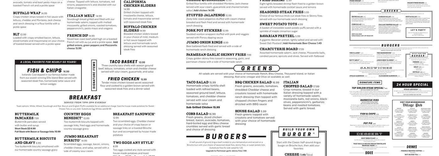 Village Pub Mountains Edge Menu