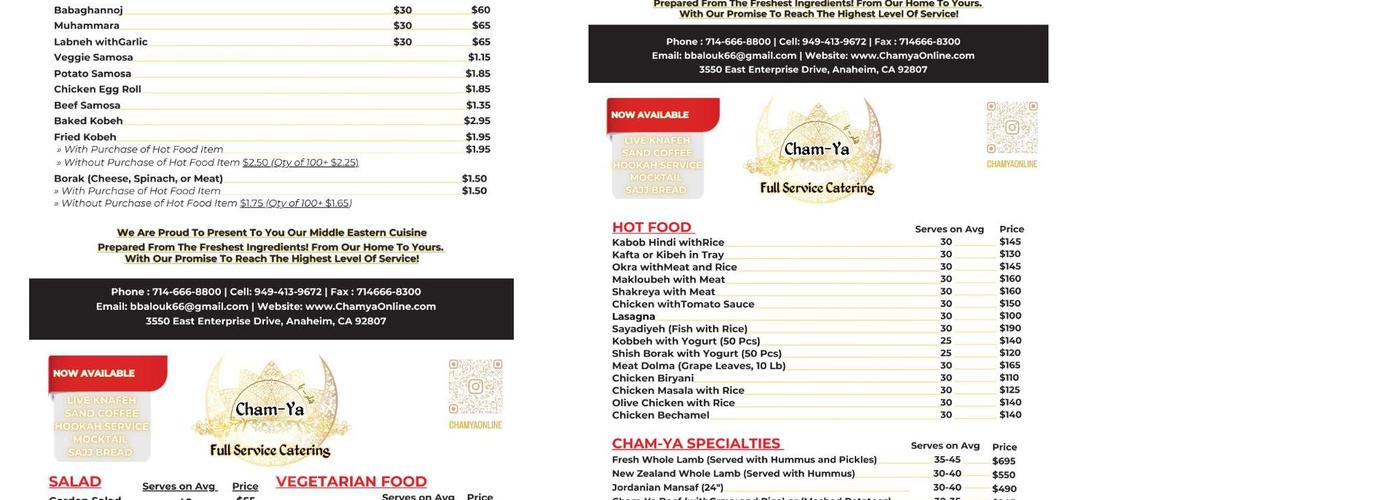 Cham-ya Catering Menu