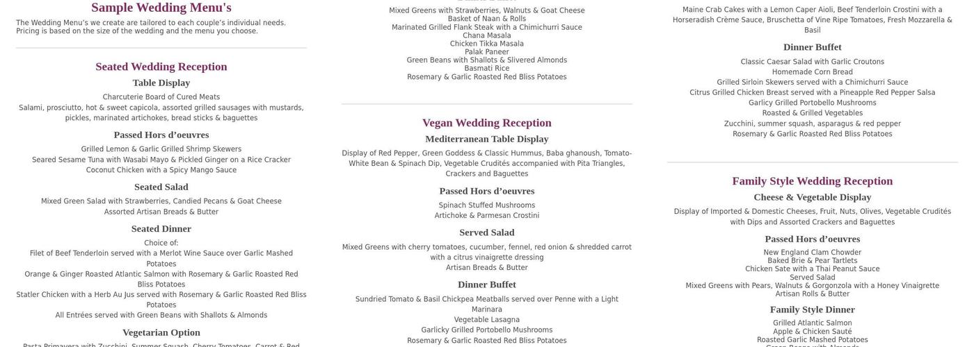 Bliss Caterers Menu