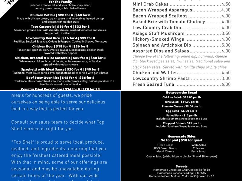 Top Shelf Catering & Beverage Company Menu