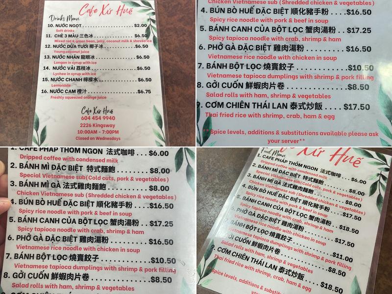 Cafe Xu Hue Menu