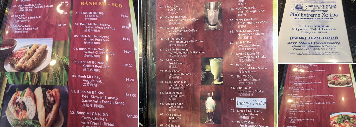 Pho Extreme Xe Lua Menu