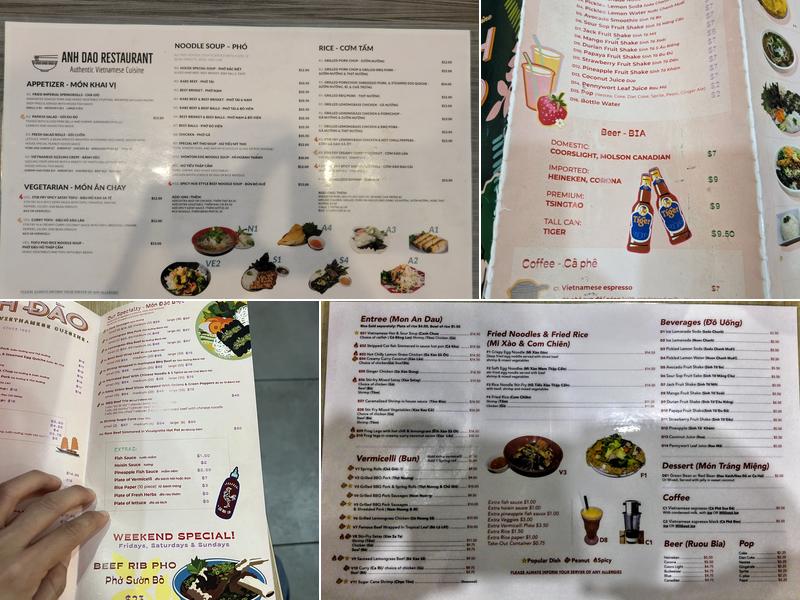 Anh Dao Restaurant Menu