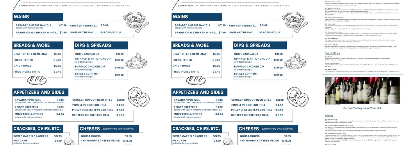 Bluestone Vineyard Menu